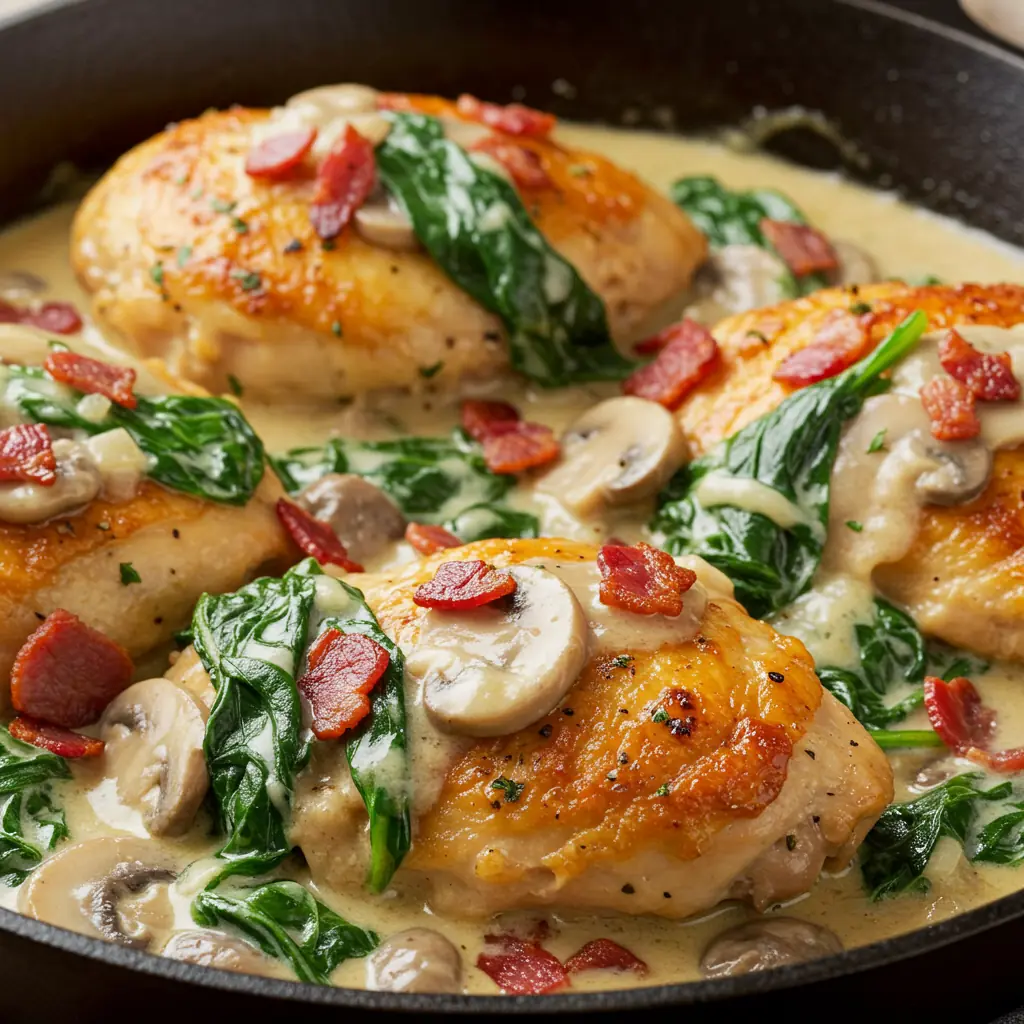 Smothered Chicken with Creamed Spinach, Bacon, and Mushrooms Recipe