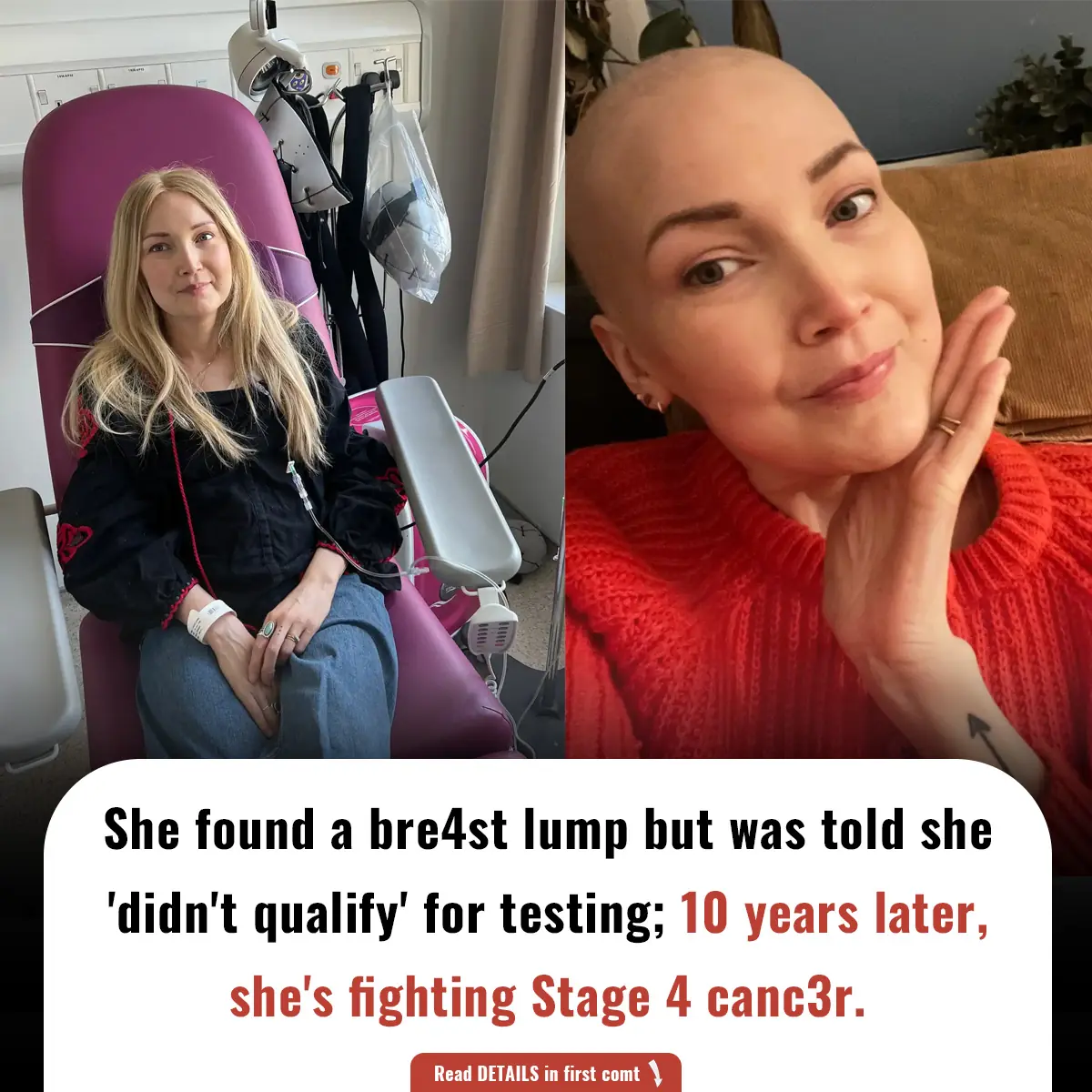 She found a bre4st lump but was told she 'didn't qualify' for testing; 10 years later, she's fighting Stage 4 canc3r.