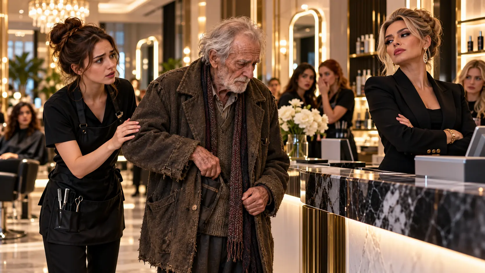 EVERYONE LAUGHED WHEN THE POOR OLD MAN ASKED FOR A HAIRCUT—UNTIL HE REACHED INTO HIS COAT